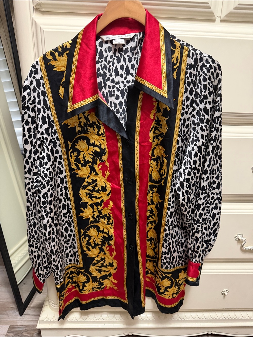 Peter Nygard Baroque Print Button-Up Shirt - Red, Black, Gold, White 100% Silk